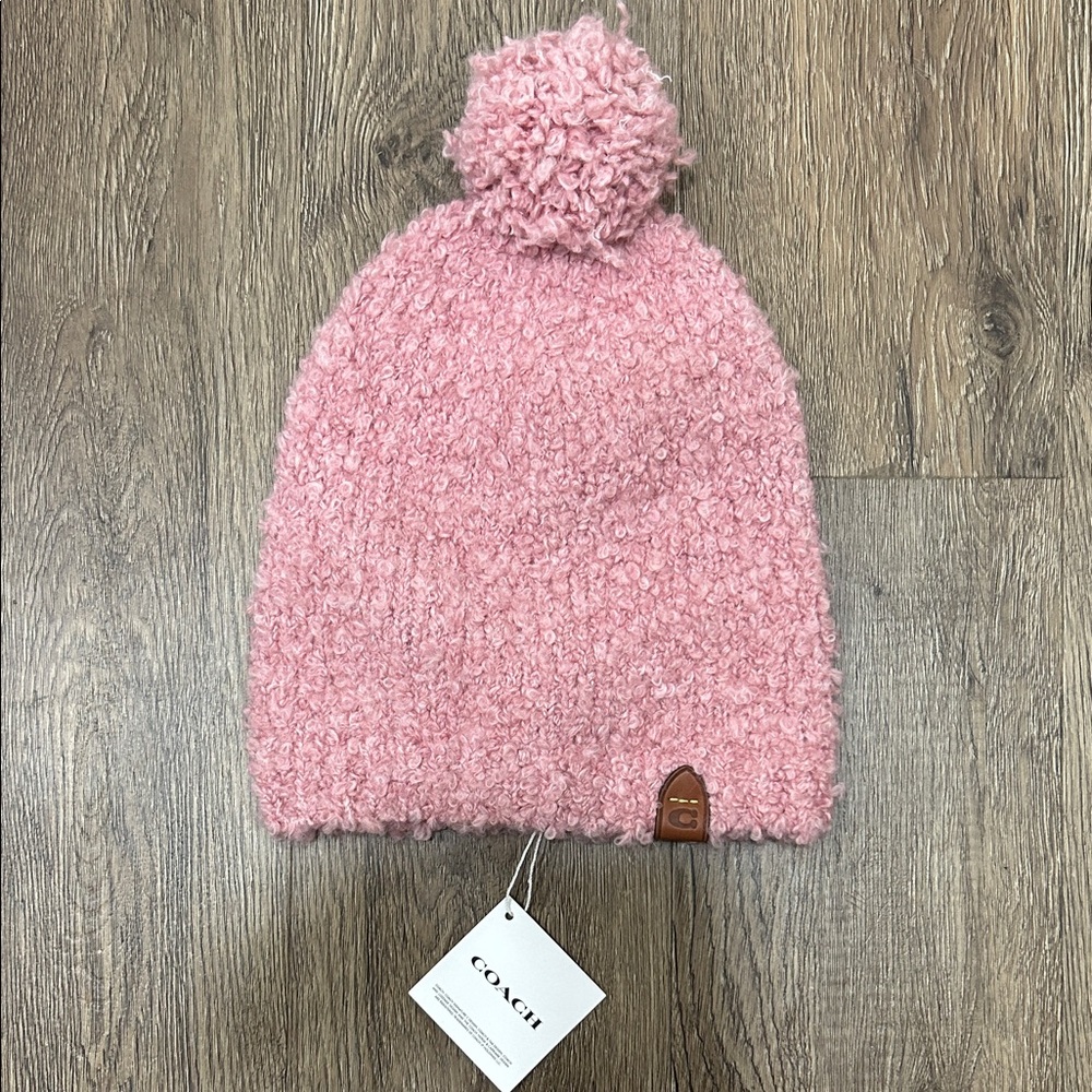 Coach Pink Textured Beanie with Pom Pom